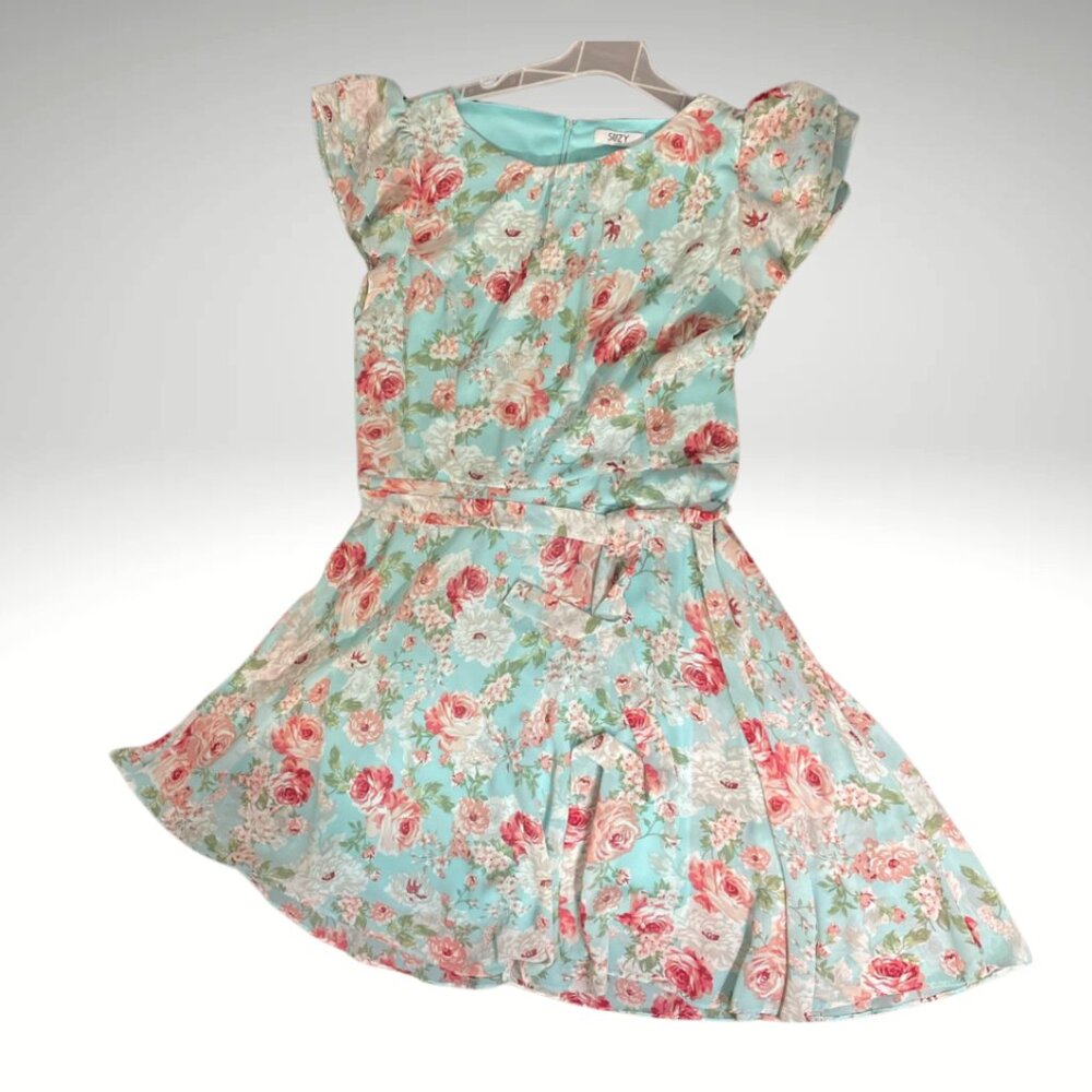 Suzy Shier Green and Blue Flutter Sleeve Sundress